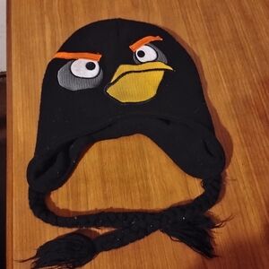 Kids Black Angry Bird Earflap Knit Hat with Face Applique
